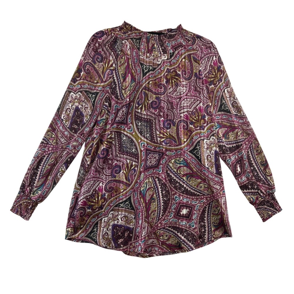 Chicos Top Blouse Womens 1 Small Purple Paisley Print Long Sleeve Mock Neck